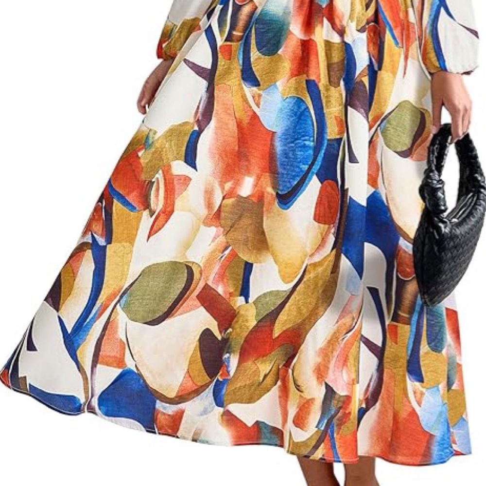 PRETTYGARDEN Flowy Midi Dress V Neck Long Sleeve